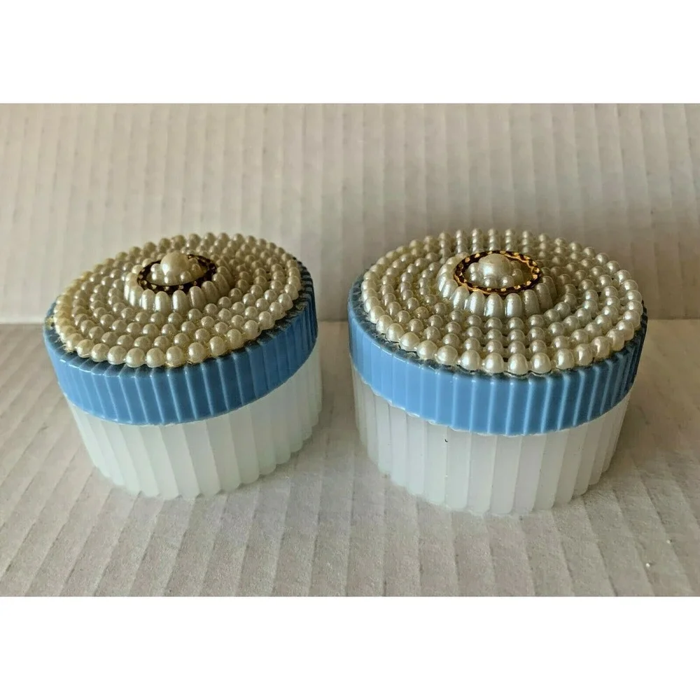 Vtg 1950s Vanity Powder Trinket Pill Box Faux Pearls LOT of 2 Hard Plastic Blue